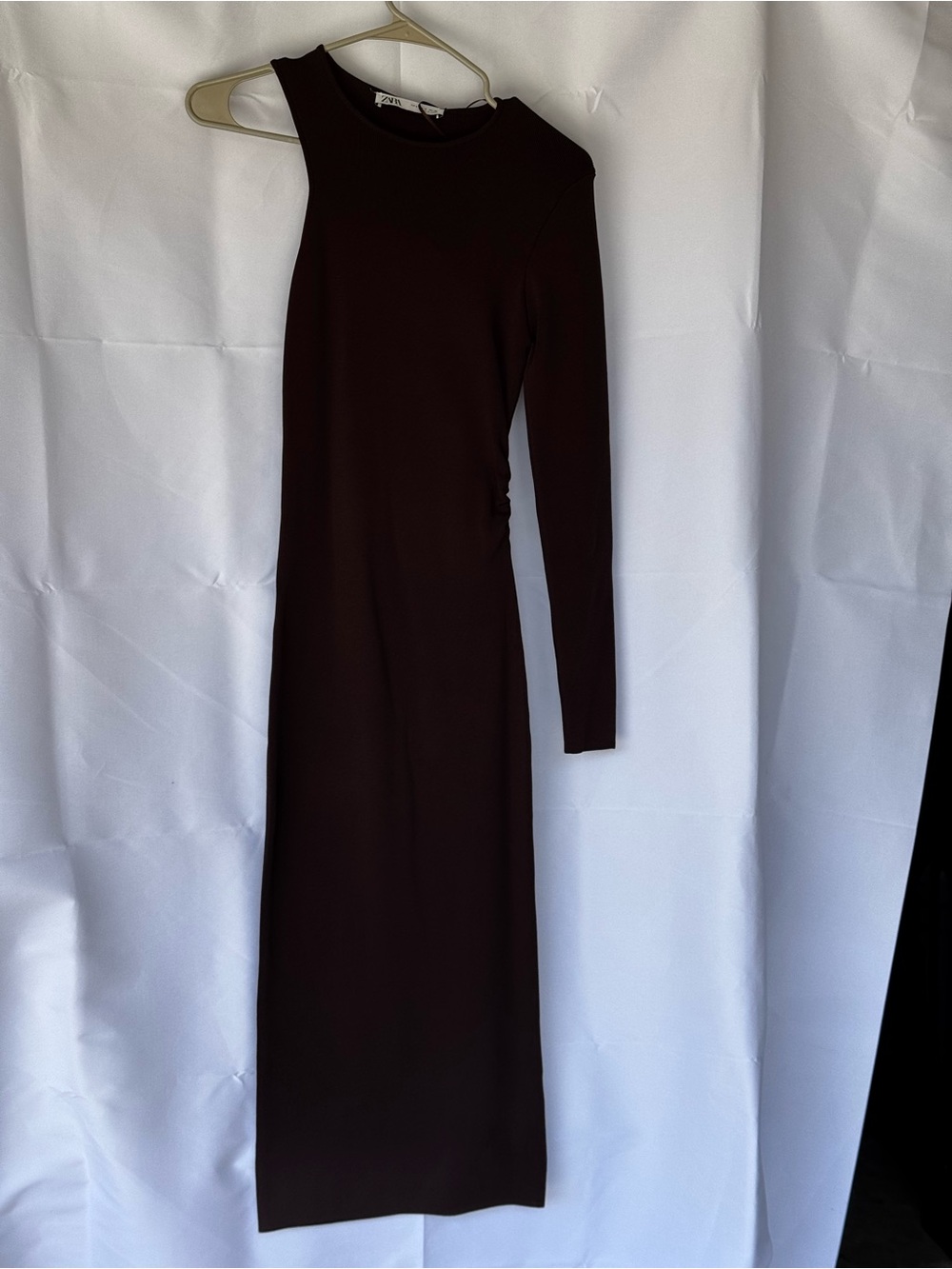One-Shoulder Long Sleeve Maxi Dress in Dark Brown